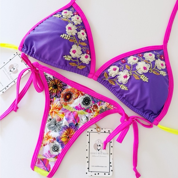 NWT Purple Fuchsia Beaded Floral Embroidered Bikini Set Made in Colombia